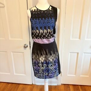 Tibi Womens 2 Sheath Dress Black Blue Purple Lace Print Sleeveless Silk Blend